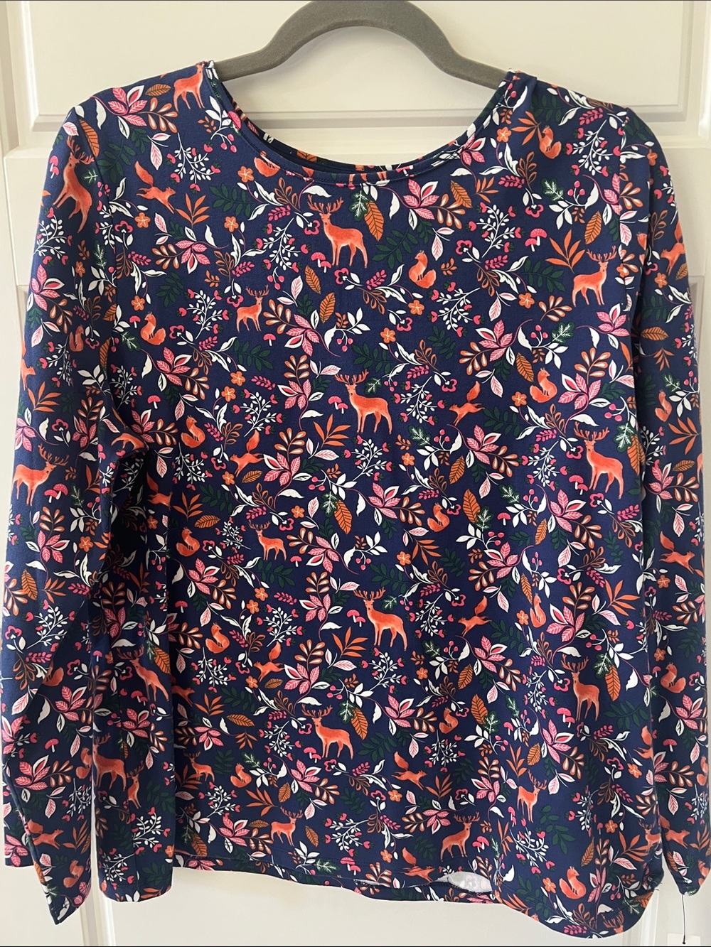 Talbots Navy Long Sleeve Top with Pink & Orange Floral Deer Print